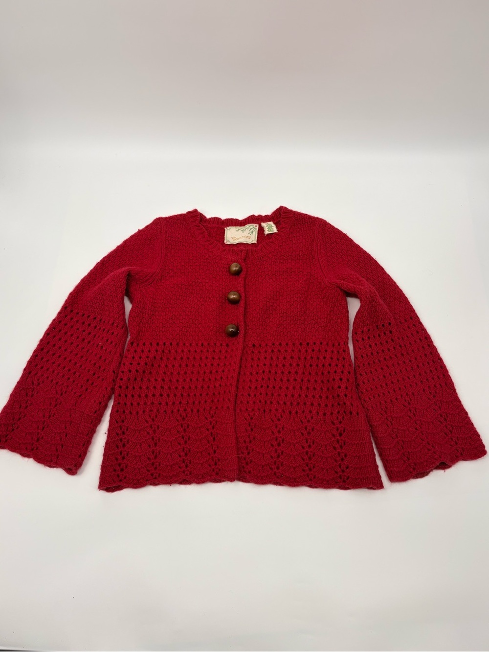 Anthropologie | cashmere Angela wool blend Red Crochet Cardigan w/ Wood Buttons